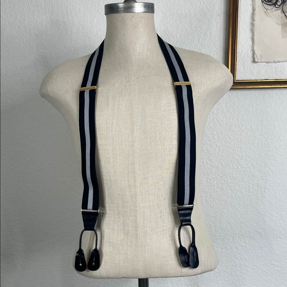 VTG Armani Men's Black and Gray Stripe Adjustable Suspender Straps